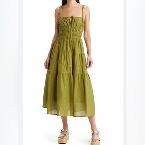 Shirred Waist Tiered Olive-Green Maxi Dress
